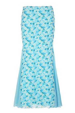 Blue Rose Printed Tulle Vintage Midi Skirt - Elegant Long Skirt for Spring - Trendy Floral Design, Perfect for 90s and Y2K Styles