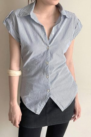 Blue Striped Short Sleeve Button-Up Cardigan Shirt for Women - Summer Waist-Defined French Style Top
