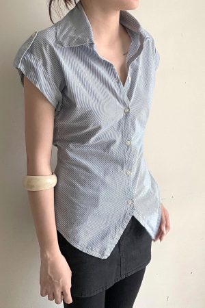 Blue Striped Short Sleeve Button-Up Cardigan Shirt for Women - Summer Waist-Defined French Style Top