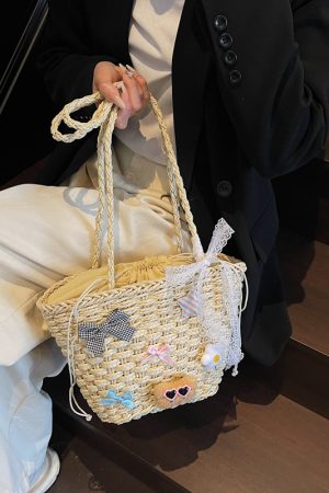 Bohemian Straw Beach Bag for Women - Woven Single-Shoulder Vacation Tote, Summer 2025 Vegetable Basket Style