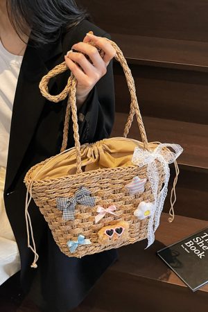 Bohemian Straw Beach Bag for Women - Woven Single-Shoulder Vacation Tote, Summer 2025 Vegetable Basket Style