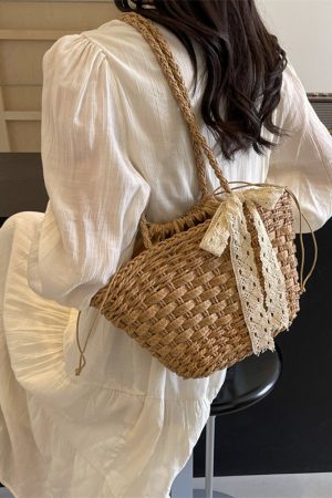 Bohemian Straw Beach Bag for Women - Woven Single-Shoulder Vacation Tote, Summer 2025 Vegetable Basket Style