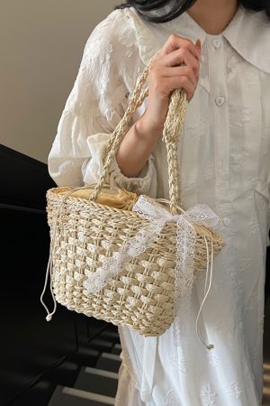 Bohemian Straw Beach Bag for Women - Woven Single-Shoulder Vacation Tote, Summer 2025 Vegetable Basket Style