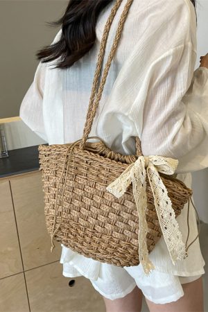 Bohemian Straw Beach Bag for Women - Woven Single-Shoulder Vacation Tote, Summer 2025 Vegetable Basket Style