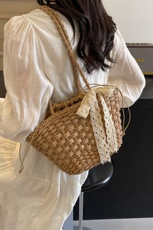 Bohemian Straw Beach Bag for Women - Woven Single-Shoulder Vacation Tote, Summer 2025 Vegetable Basket Style