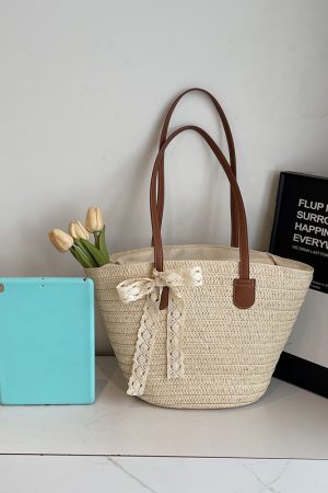 Bohemian Straw Beach Bag for Women - Woven Summer 2025 Single-Shoulder Vacation Tote, Eco-Friendly Vegetable Basket Style