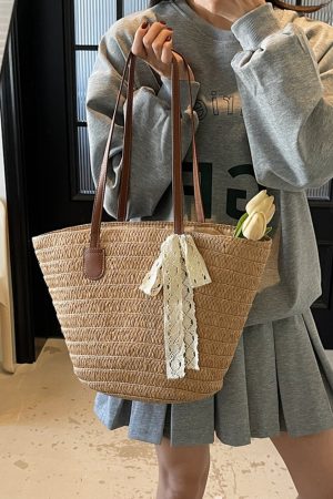 Bohemian Straw Beach Bag for Women - Woven Summer 2025 Single-Shoulder Vacation Tote, Eco-Friendly Vegetable Basket Style