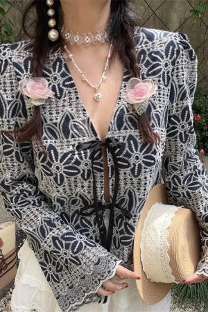 Bohemian Tie-Up Bell Sleeve Shirt Top - Handmade Cotton Vacation Top with Niche Embroidery for a Chic 90s Inspired Look