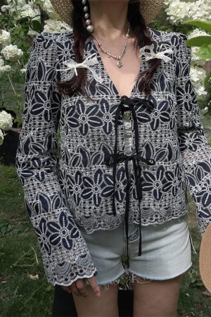 Bohemian Tie-Up Bell Sleeve Shirt Top - Handmade Cotton Vacation Top with Niche Embroidery for a Chic 90s Inspired Look