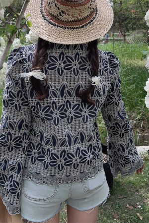 Bohemian Tie-Up Bell Sleeve Shirt Top - Handmade Cotton Vacation Top with Niche Embroidery for a Chic 90s Inspired Look