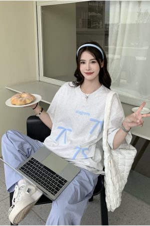 Bow Round Neck Short Sleeve T-shirt for Women - Summer Loose Versatile Sweet Top - 90s Style Sisters Design