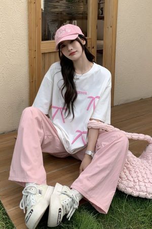 Bow Round Neck Short Sleeve T-shirt for Women - Summer Loose Versatile Sweet Top - 90s Style Sisters Design