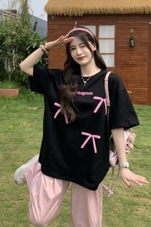 Bow Round Neck Short Sleeve T-shirt for Women - Summer Loose Versatile Sweet Top - 90s Style Sisters Design