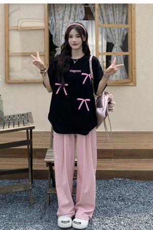 Bow Round Neck Short Sleeve T-shirt for Women - Summer Loose Versatile Sweet Top - 90s Style Sisters Design