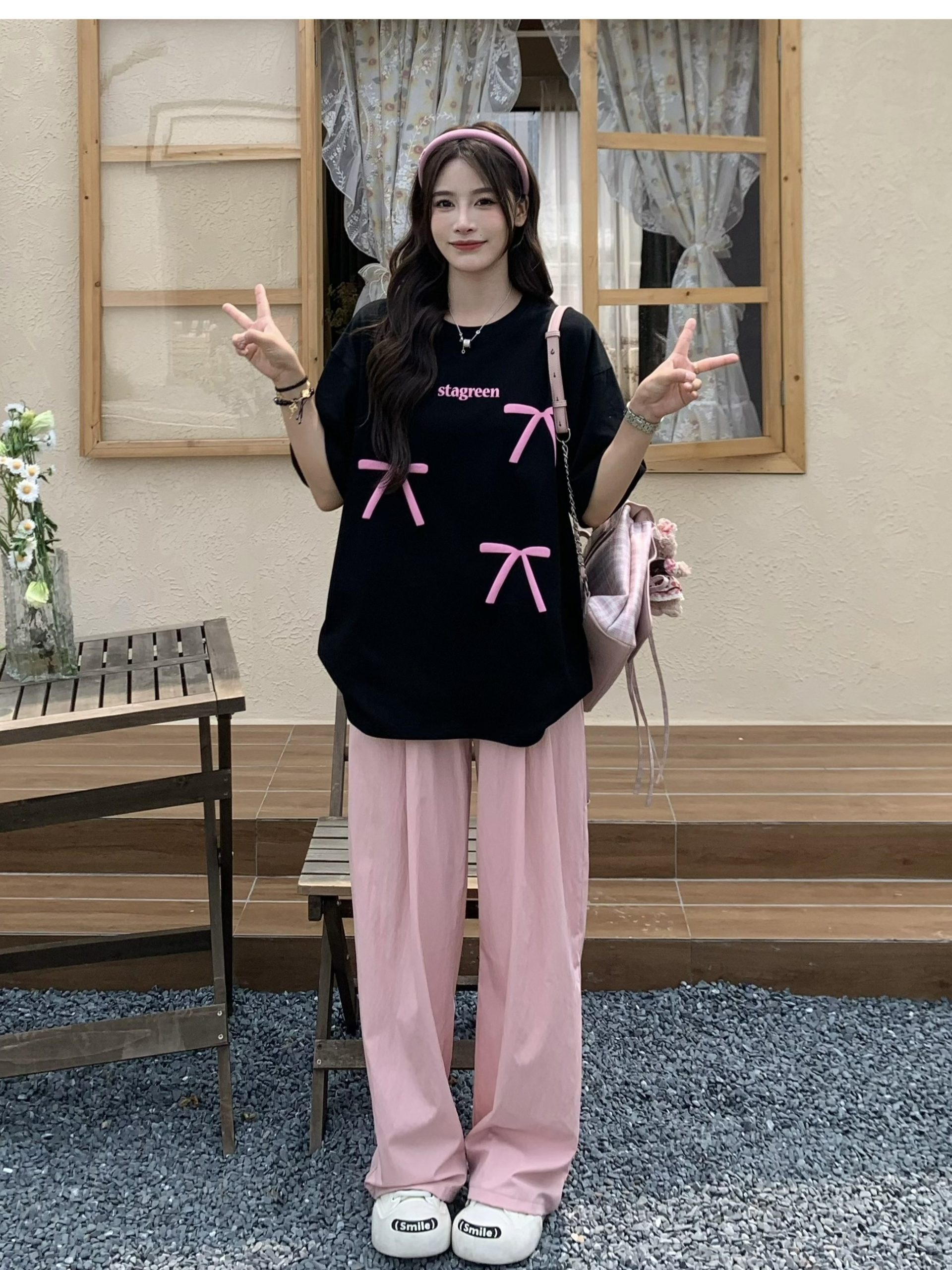 Bow Round Neck Short Sleeve T-shirt for Women - Summer Loose Versatile Sweet Top - 90s Style Sisters Design Bow Round Neck Short Sleeve T-shirt for Women - Summer Loose Versatile Sweet Top - 90s Style Sisters Design