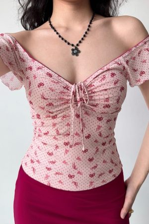 Bowknot Printed V-Neck Short Sleeve Mesh T-Shirt for Women - Slim Fit European American Style Summer Top