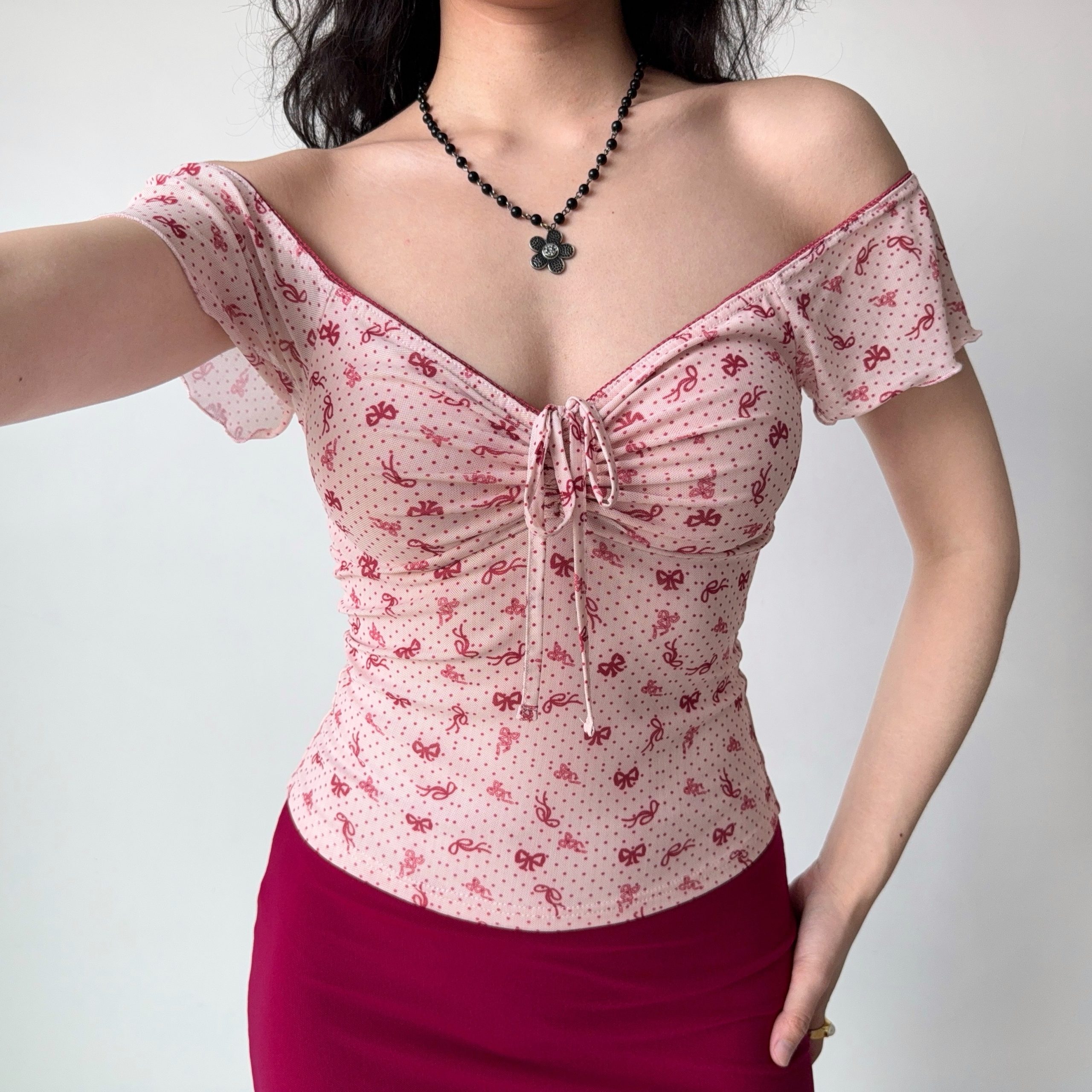 Bowknot Printed V-Neck Short Sleeve Mesh T-Shirt for Women - Slim Fit European American Style Summer Top Bowknot Printed V-Neck Short Sleeve Mesh T-Shirt for Women - Slim Fit European American Style Summer Top