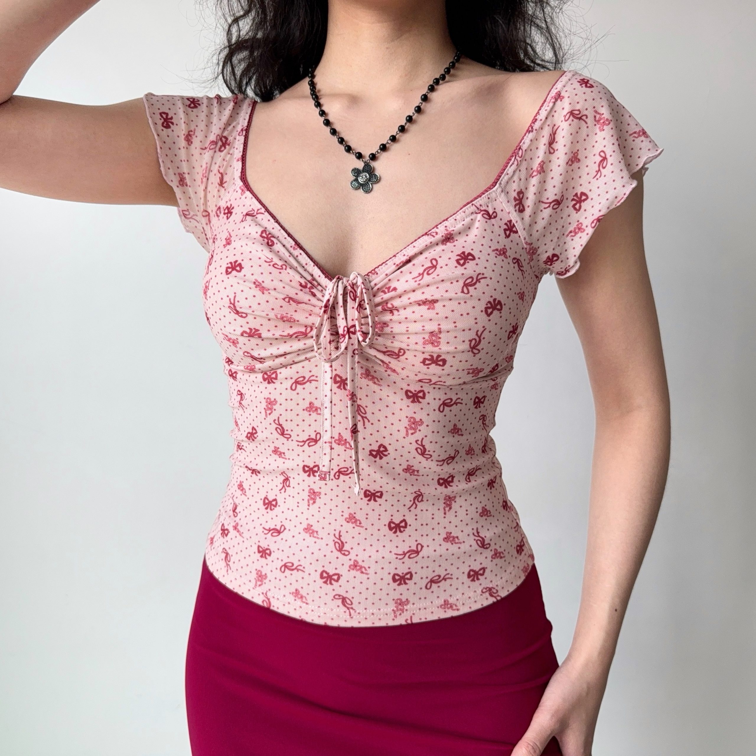 Bowknot Printed V-Neck Short Sleeve Mesh T-Shirt for Women - Slim Fit European American Style Summer Top Bowknot Printed V-Neck Short Sleeve Mesh T-Shirt for Women - Slim Fit European American Style Summer Top