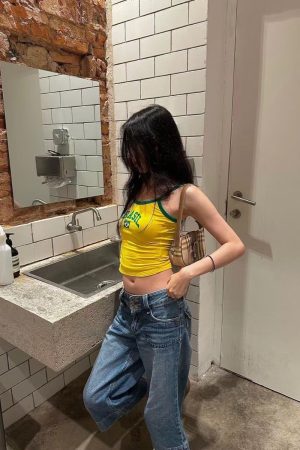 Brazilian BRASIL Letter Print Slim Fit Cropped Cami Top for Women - Spring/Summer 2025 Y2K Style