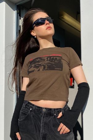 Brown Short-Sleeve Crop Top for Women - American Retro Y2K Summer Style, Euro-American ABG Hot Girl Fashion