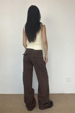 Brown Straight-Leg Floor-Length Jeans for Women - Slim Fit American High Street Style, Trendy 90s-Inspired Fashion Pants