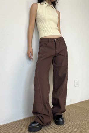 Brown Straight-Leg Floor-Length Jeans for Women - Slim Fit American High Street Style, Trendy 90s-Inspired Fashion Pants