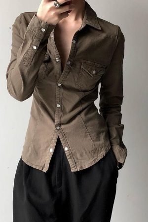 Brown Vintage Lapel Single-Breasted Long Sleeve Shirt for Women, Slim Fit, Versatile Y2K Style Top for Layering and Outerwear