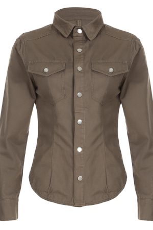 Brown Vintage Lapel Single-Breasted Long Sleeve Shirt for Women, Slim Fit, Versatile Y2K Style Top for Layering and Outerwear