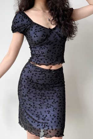 Butterfly Mesh Short Sleeve Top & Bodycon Skirt Two-Piece Set - DIY European & American Style Womenâ€™s Fashion