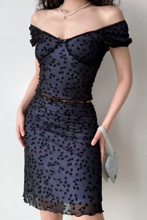 Butterfly Mesh Short Sleeve Top & Bodycon Skirt Two-Piece Set - DIY European & American Style Womenâ€™s Fashion