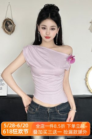 Butterfly Orchid 3D Flower Asymmetrical Off-Shoulder Top Women's Summer Waist-Defining T-Shirt - Y2K Floral Fashion