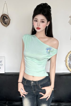 Butterfly Orchid 3D Flower Asymmetrical Off-Shoulder Top Women's Summer Waist-Defining T-Shirt - Y2K Floral Fashion