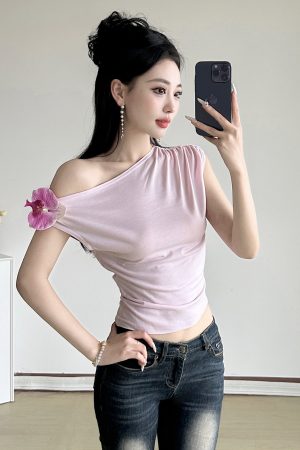 Butterfly Orchid 3D Flower Asymmetrical Off-Shoulder Top Women's Summer Waist-Defining T-Shirt - Y2K Floral Fashion