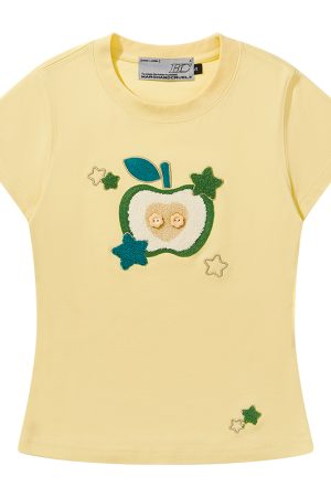 Cartoon Embroidered Plush Apple Stretchy Slim-Fit Round Neck Short Sleeve T-Shirt for Women - Y2K Style