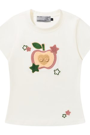 Cartoon Embroidered Plush Apple Stretchy Slim-Fit Round Neck Short Sleeve T-Shirt for Women - Y2K Style