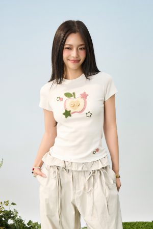 Cartoon Embroidered Plush Apple Stretchy Slim-Fit Round Neck Short Sleeve T-Shirt for Women - Y2K Style