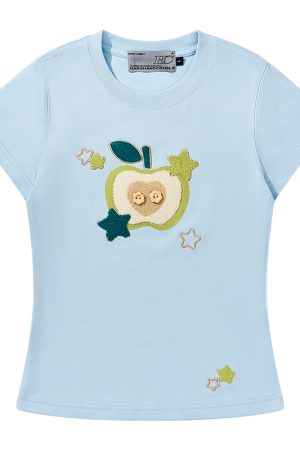 Cartoon Embroidered Plush Apple Stretchy Slim-Fit Round Neck Short Sleeve T-Shirt for Women - Y2K Style