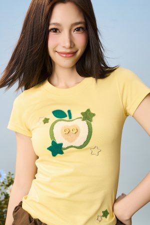 Cartoon Embroidered Plush Apple Stretchy Slim-Fit Round Neck Short Sleeve T-Shirt for Women - Y2K Style