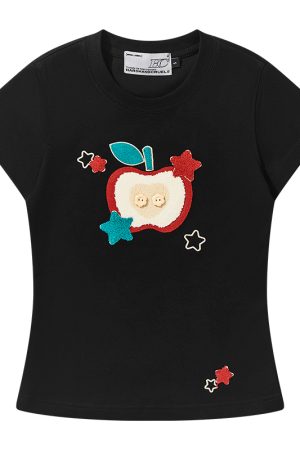 Cartoon Embroidered Plush Apple Stretchy Slim-Fit Round Neck Short Sleeve T-Shirt for Women - Y2K Style