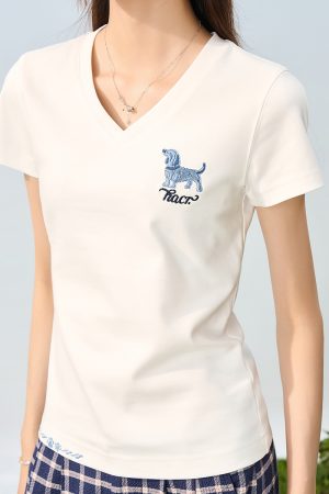 Cartoon Embroidered Small Dog Elastic Slim-Fit V-Neck Shoulder-Showing Short Sleeve T-Shirt for Women - Y2K Style