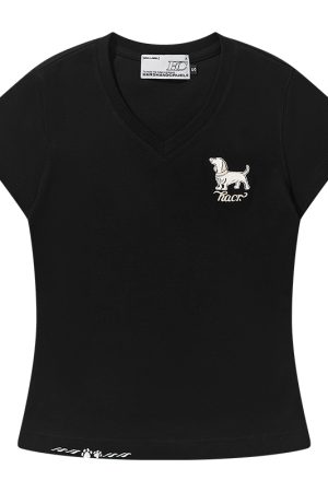 Cartoon Embroidered Small Dog Elastic Slim-Fit V-Neck Shoulder-Showing Short Sleeve T-Shirt for Women - Y2K Style