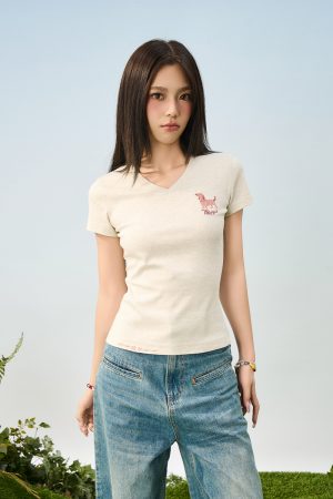 Cartoon Embroidered Small Dog Elastic Slim-Fit V-Neck Shoulder-Showing Short Sleeve T-Shirt for Women - Y2K Style