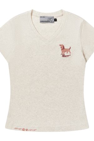 Cartoon Embroidered Small Dog Elastic Slim-Fit V-Neck Shoulder-Showing Short Sleeve T-Shirt for Women - Y2K Style