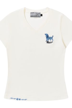 Cartoon Embroidered Small Dog Elastic Slim-Fit V-Neck Shoulder-Showing Short Sleeve T-Shirt for Women - Y2K Style