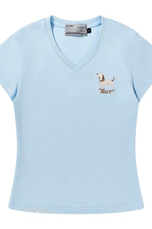 Cartoon Embroidered Small Dog Elastic Slim-Fit V-Neck Shoulder-Showing Short Sleeve T-Shirt for Women - Y2K Style