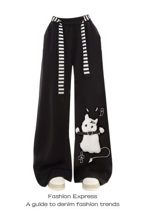 Casual Black Wide-Leg Sweatpants for Women - American Halloween Style, Autumn Winter Subculture Fashion, Cozy Sports Pants