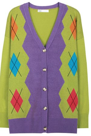 Casual Day Outfits, Easy Trendy Outfits 1960s Groovy Colors Argyle Cardigan