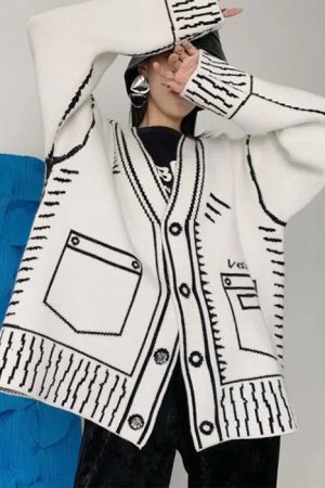 Casual Day Outfits, Easy Trendy Outfits 2D Cartoon Outline Knitted Cardigan
