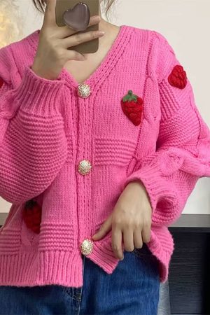Casual Day Outfits, Easy Trendy Outfits 3D Strawberry Pattern Cardigan