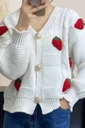 Casual Day Outfits, Easy Trendy Outfits 3D Strawberry Pattern Cardigan